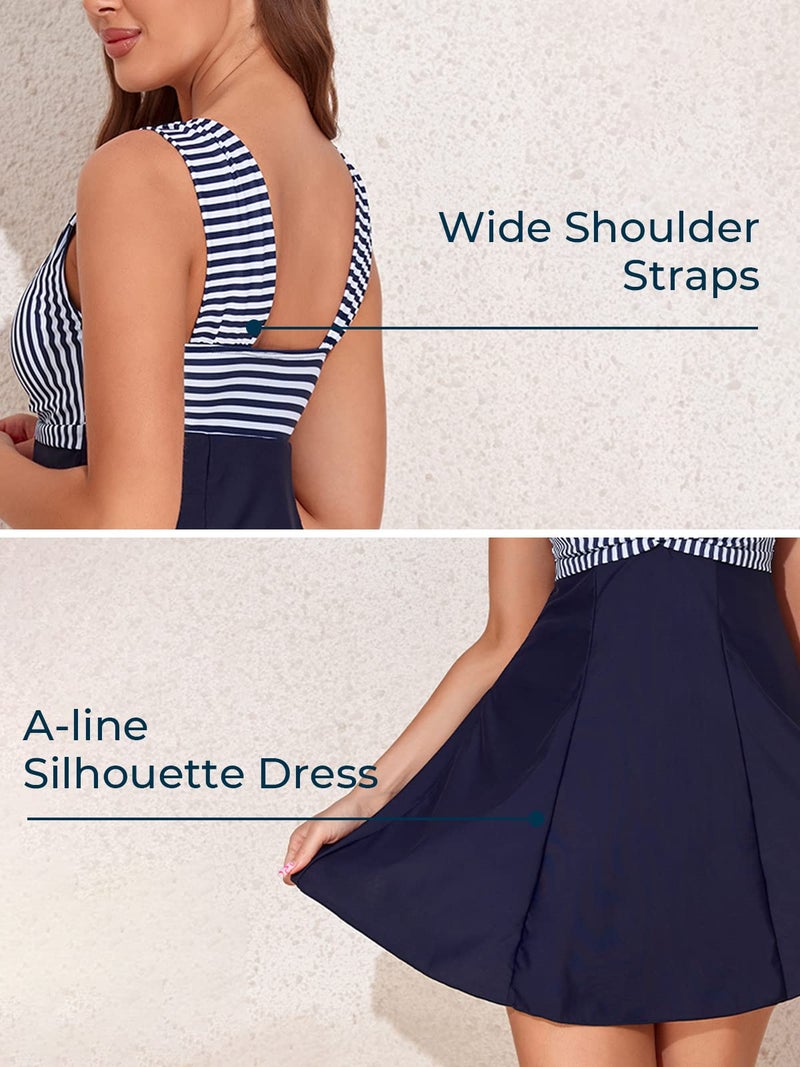MiYang Women's One Piece High Waist Padded Swim Dress, Dark Blue Stripe, L (US 12-14) - Image 5